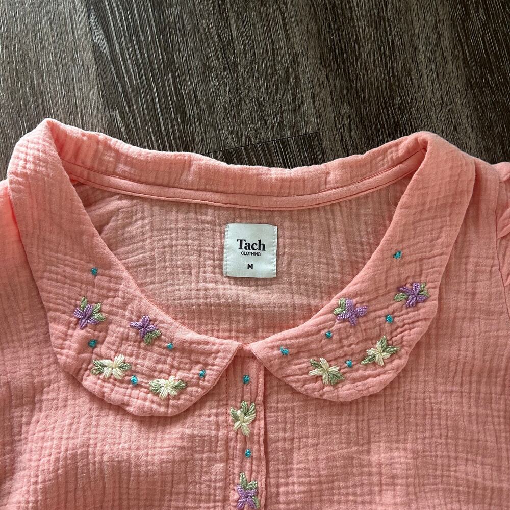 Tach Larina Embroidered Linen Cotton Top Puff Sleeve Peach Pink - Picture 14 of 16